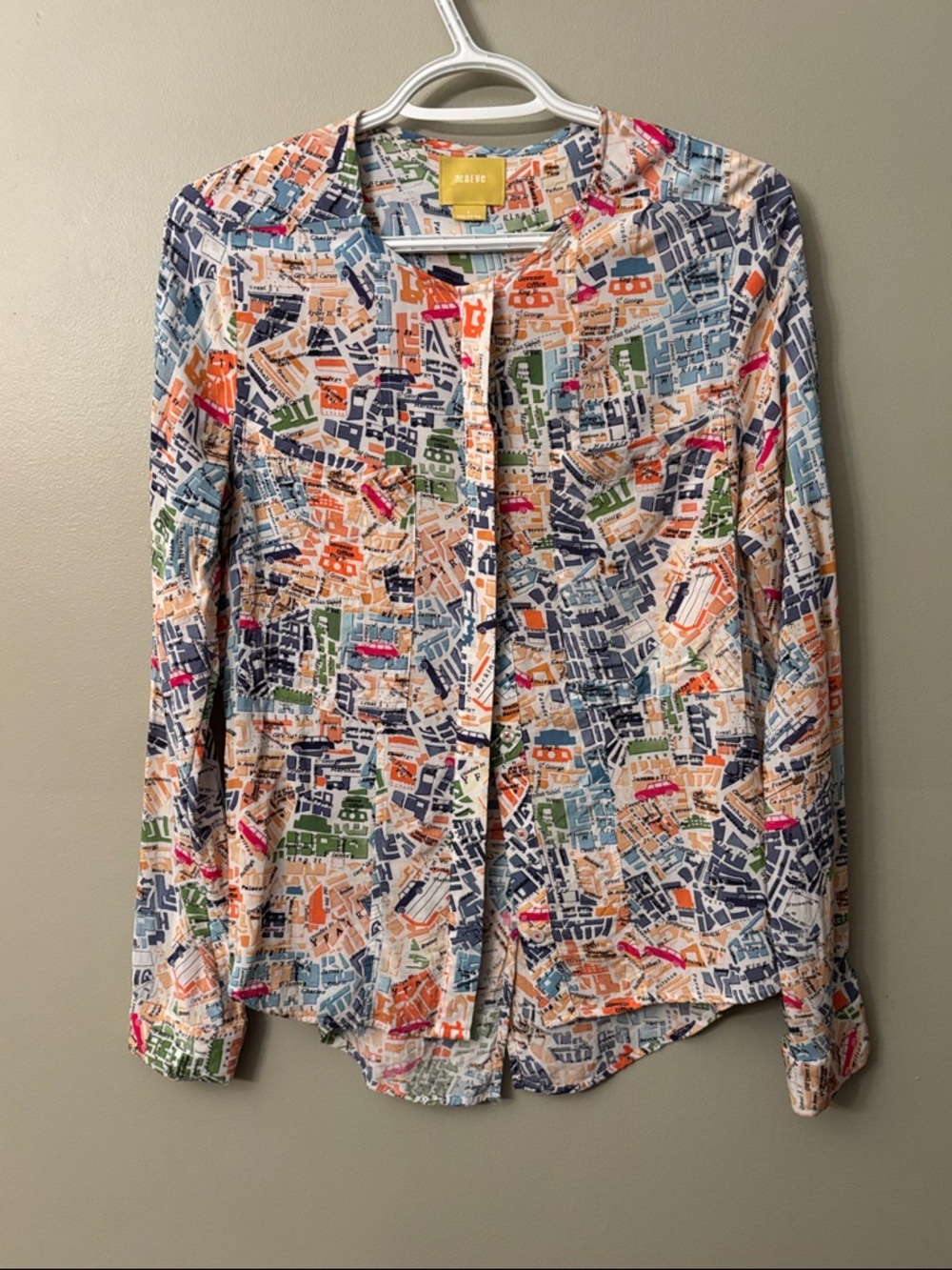 Anthropologie Maeve Long Sleeve Button Up London Map Shirttail Top sz 4